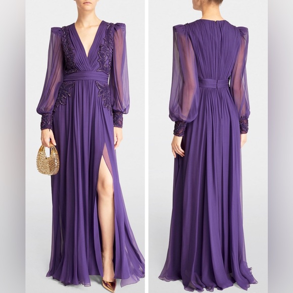 Zuhair Murad Silk Chiffon Beaded V-Neck Gown Dress - Picture 2 of 15